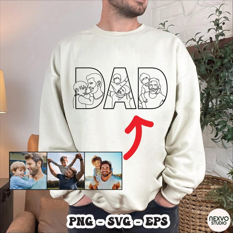 Pode incluir: Camisola creme com a palavra "DAD" em letras pretas em negrito. As letras apresentam desenhos de pais com seus filhos. Abaixo da palavra "DAD" est&atilde;o tr&ecirc;s fotos emolduradas de pais e filhos. A parte inferior da camisola tem o texto "PNG - SVG - EPS".