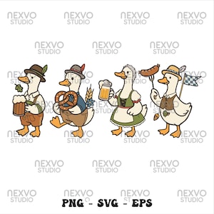 May include: A cartoon illustration of four ducks dressed in traditional Bavarian attire. Each duck is holding items like beer steins, pretzels, and sausages. The image includes the text "PNG - SVG - EPS".