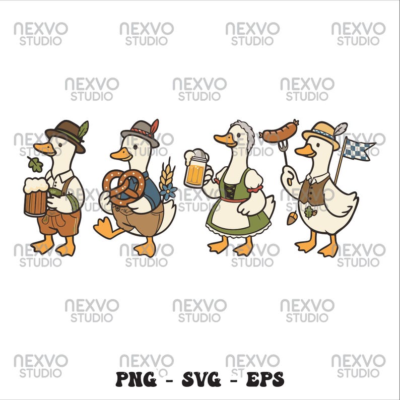May include: A cartoon illustration of four ducks dressed in traditional Bavarian attire. Each duck is holding items like beer steins, pretzels, and sausages. The image includes the text "PNG - SVG - EPS".