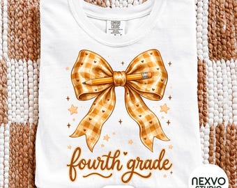 Fourth Grade PNG, Gold Coquette Bow Sublimation Design, Cute Back to School Shirt, Pencil Bow Png, Girly Grade Teacher Team Gift Png