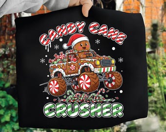 PNG de Navidad para niños, PNG de trituradora de bastones de caramelo, diseño navideño de camión monstruo de jengibre, gráfico de sublimación divertido de ruedas de menta