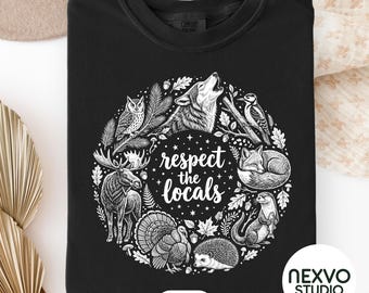 Respect the Locals PNG, Woodland Animals Sublimation Design, Vintage Wildlife Shirt, 2 Colors, Engraved Forest Nature Lover Hiking Png