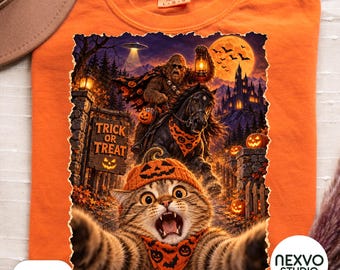 Funny Cat Selfie Halloween Png, Bigfoot Riding Horse Trick Or Treat, Scared Cat Meme Sublimation, Spooky Vintage Poster Shirt Design Png