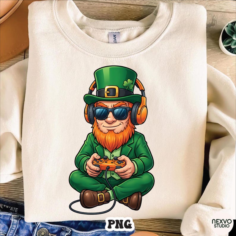 May include: Cream-colored sweatshirt featuring a cartoon leprechaun wearing sunglasses, a green hat with a shamrock, and orange headphones. The leprechaun is holding a game controller. The word "PNG" is printed at the bottom.