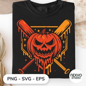 May include: A black t-shirt featuring a graphic of a melting orange jack-o'-lantern centered over two crossed baseball bats. The design includes small star accents and dripping orange paint effects. The shirt has a crew neckline and short sleeves.