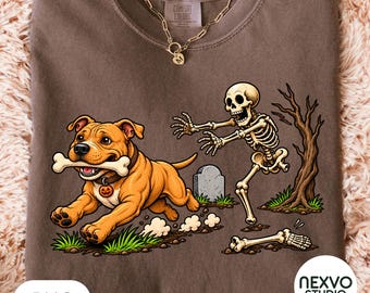 Pitbull Halloween Png, Funny Dog Stealing Skeleton Bone Png, Pitbull Mom Sublimation, Comic Graveyard Dog Shirt, Trendy Spooky Season Png