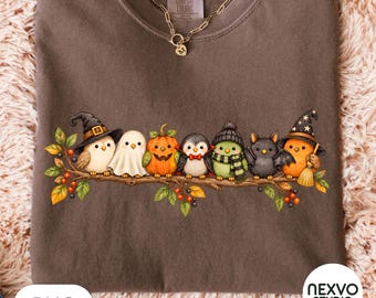 Halloween Birds Png, Cute Spooky Birds On A Branch, Watercolor Fall Birds Sublimation, Ghost Witch Bat Bird Shirt Design, Trendy Autumn Png