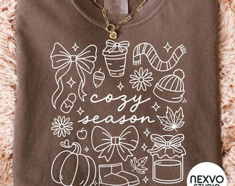 Cozy Season Svg Png Eps, Coquette Fall Doodle Svg, Cute Bow Line Art Cut File, Trendy Fall Sweatshirt Design Png, Autumn Vibes Svg Bundle