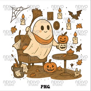 May include: A cartoon illustration featuring a friendly ghost with a broom, scarf, and pumpkin-themed accessories. The image includes a cobweb, candles, a bat, and fall leaves, all in a warm, autumnal color palette. The word "PNG" is at the bottom.