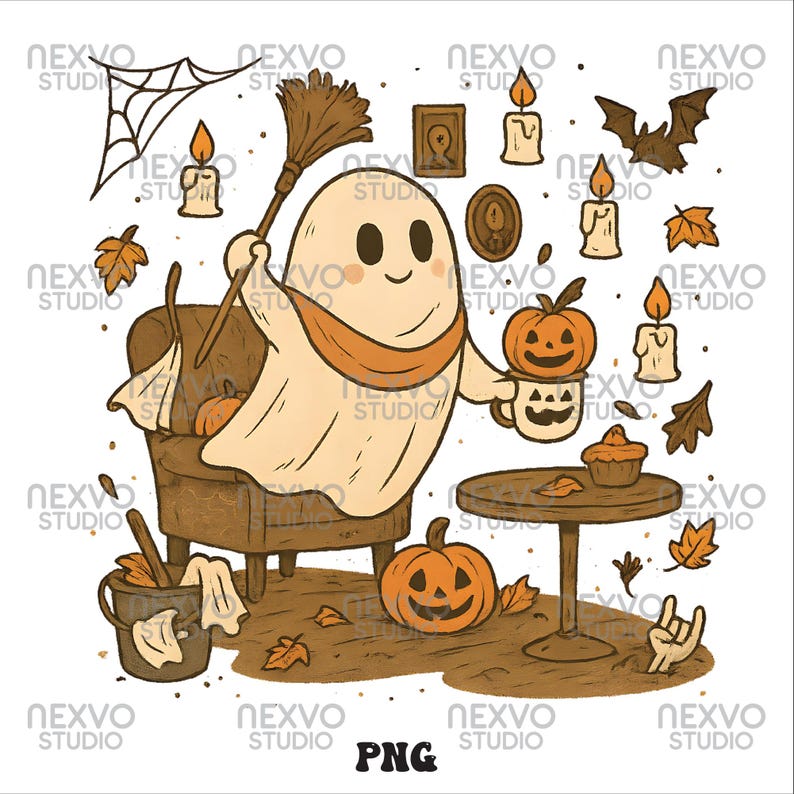 May include: A cartoon illustration featuring a friendly ghost with a broom, scarf, and pumpkin-themed accessories. The image includes a cobweb, candles, a bat, and fall leaves, all in a warm, autumnal color palette. The word "PNG" is at the bottom.