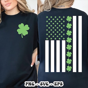 May include: Black t-shirt featuring a large green shamrock on the front. The back of the shirt displays a design resembling the American flag, with green stars and shamrocks replacing the stars and stripes.