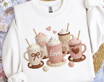 Café de San Valentín en hilo PNG, lindas bebidas tejidas con corazones, diseño de café a crochet, PNG de San Valentín para camisetas, sublimación de chocolate caliente en hilo