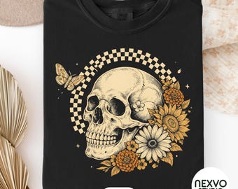Boho Floral Skull PNG, Vintage Sunflower Sublimation Design, Checkered Skeleton Shirt, Moth Skull Png, Retro Fall Halloween Women Png