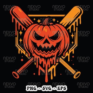 Puede incluir: Gráfico temático de Halloween con una calabaza naranja tallada, bates de béisbol cruzados y detalles naranjas goteando. El diseño incluye estrellas y el texto "PNG-SVG-EPS" sobre un fondo negro.