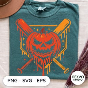 May include: A dark teal t-shirt featuring a graphic of a melting orange jack-o'-lantern centered between two crossed baseball bats. The design includes small star accents and the text PNG - SVG - EPS printed at the bottom of the image.