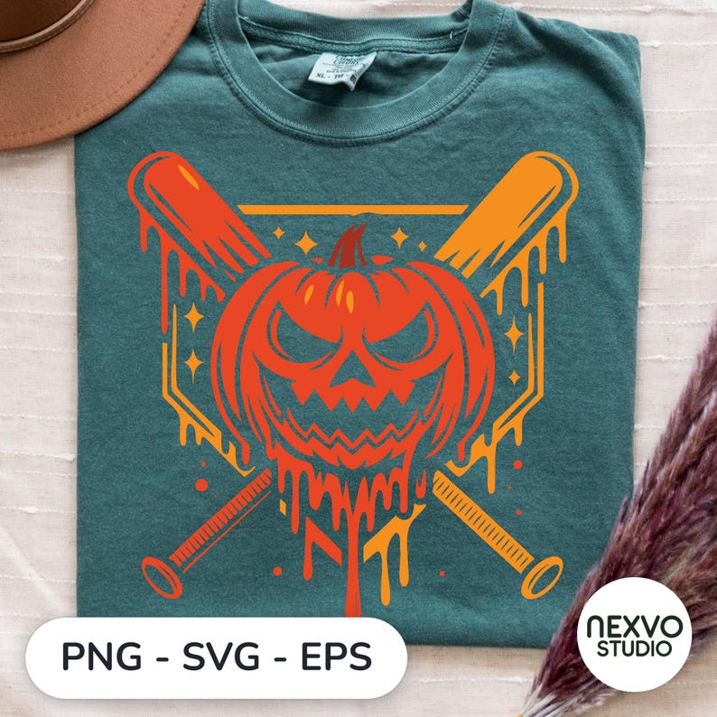 May include: A dark teal t-shirt featuring a graphic of a melting orange jack-o'-lantern centered between two crossed baseball bats. The design includes small star accents and the text PNG - SVG - EPS printed at the bottom of the image.
