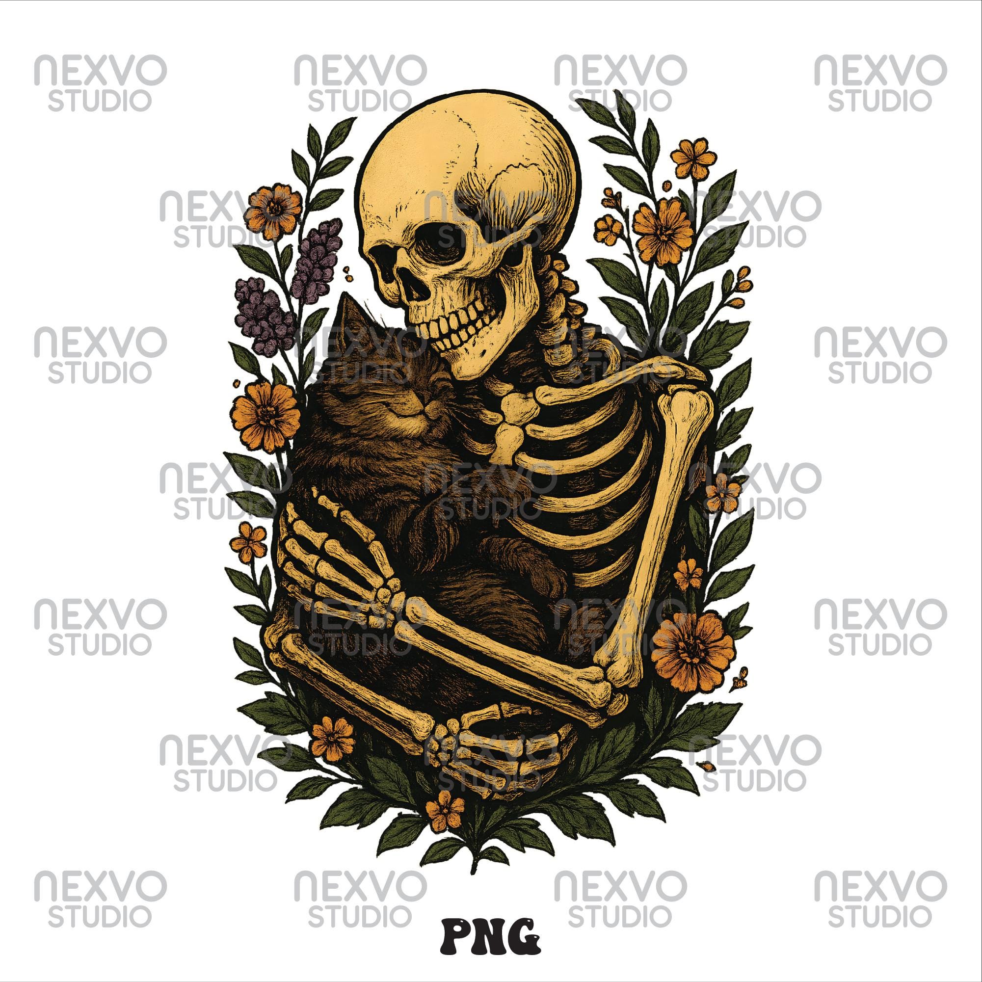 Gothic Skeleton Hugging Cat PNG: Floral Skull Clip Art (digital ...