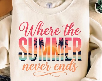 Where The Summer Never Ends PNG, Tropical Beach Sunset Sublimation Design, Retro Palm Tree Summer Vibes Shirt PNG, Digital Download