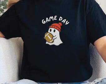 Embroidered Game Day Ghost PNG Design, Cute Football Halloween Sublimation Graphic, Fall Sports Spirit Shirt Printable for DIY Projects