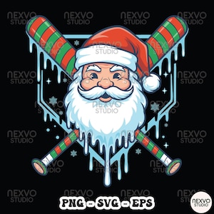 Puede incluir: Gráfico festivo con Papá Noel con barba blanca y gorro rojo, sobre un diamante de béisbol. Dos bates de béisbol con rayas rojas y verdes se cruzan detrás de Papá Noel. La imagen tiene un tema invernal con hielo goteando y copos de nieve.