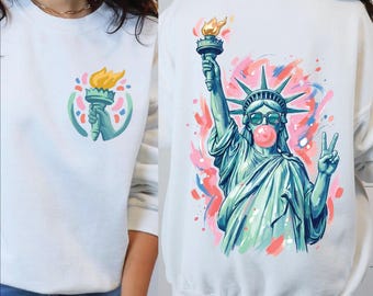 Preppy Statue Of Liberty Blowing Bubble PNG, 4th Of July PNG, Patriotic Design, Front & Back, America USA Girly Png, Independence Day Shirt