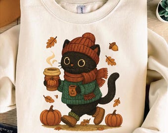 Cozy Fall Black Cat PNG, Autumn Cat in Sweater Holding Pumpkin Coffee Cup, Cute Halloween Pumpkin Clipart for Sublimation and Cricut Crafts