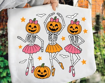 Halloween Ballerina Skeletons PNG SVG EPS | Dancing Pumpkin Shirt Design | Spooky Cute Ballet Digital Download | Kids Halloween Tee Art