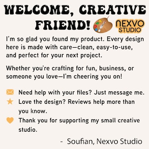 May include: Cream-colored graphic with the text "WELCOME, CREATIVE FRIEND!" and "NEXVO STUDIO" logo. The text includes a message about the product's quality and support for creative projects. A palette graphic is also included.