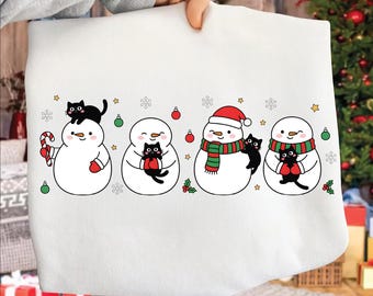 Snowman and Black Cat Christmas PNG | Cute Holiday Snowman with Cat Sublimation | Winter Xmas Shirt Digital Download