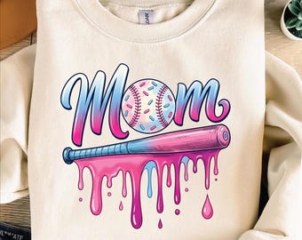 Baseball maman PNG, conception de chemise pour la fête des mères, goutte de crème glacée rose bleu chauve-souris, sublimation téléchargement numérique