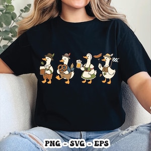 May include: Black t-shirt featuring a cartoon illustration of four ducks dressed in traditional Bavarian attire. The ducks are holding beer steins, pretzels, and a sausage. The shirt has the text "PNG - SVG - EPS" at the bottom.