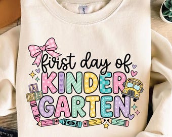 First Day of Kindergarten PNG | Coquette Bow Sublimation Design | Back to School Shirt for Girls & Kids (Digital Download)