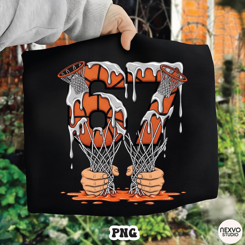 May include: Black graphic design featuring the number 67 in orange basketballs with white dripping paint. Basketball nets are held by hands at the bottom. The word "PNG" is at the bottom left.