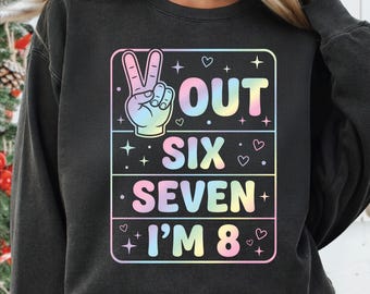 Peace Out Six Seven I'm 8 PNG, Holographic Pastel Rainbow Peace Sign Birthday Tote Design, Girls 8th Birthday Sublimation Digital Download