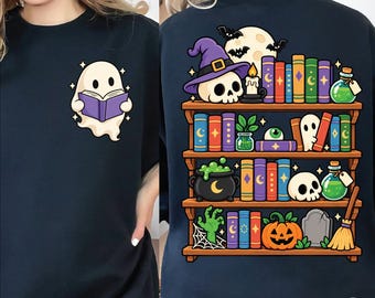 Halloween Bookshelf Png, Bookish Ghost Front and Back Png, Spooky Book Lover Sublimation, Librarian Halloween Shirt, Reading Ghost Png
