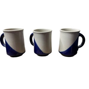 Vintage Ceramic Blue White Glazed Coffee Tea Mugs Set Of 3 Handmade Signed