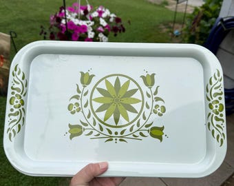 Vintage MCM White Avocado Green Farmhouse Country Metal Enamel Trays Set Of 8