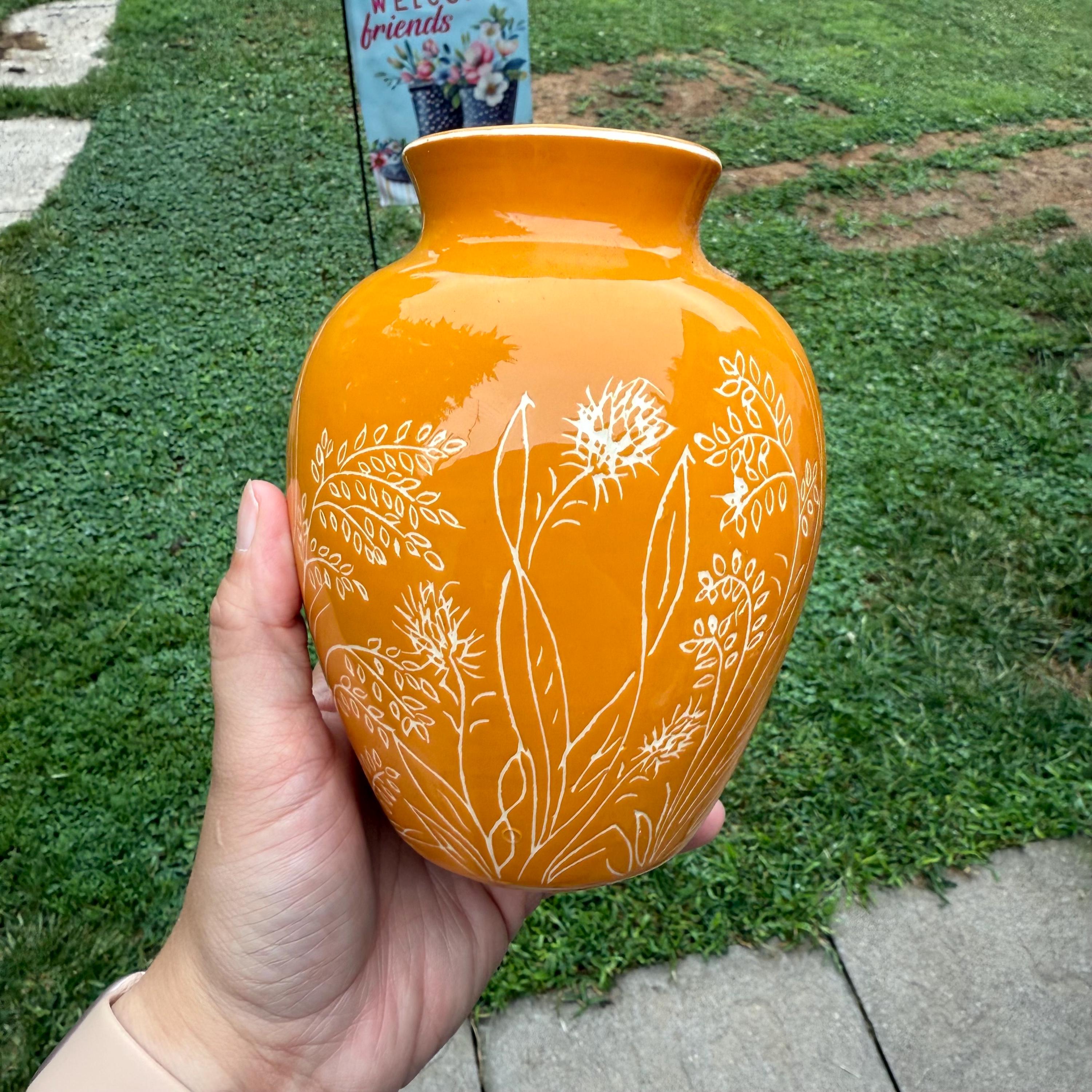 ハンドメイド ヴィンテージ サイン入り スタジオ 陶器 花瓶 イエロー