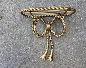 Vintage Gold Tone Hollywood Regency Bow Twisted Rope Hanging Shelf Boho