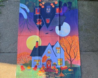 Anthropologie Halloween Fall House Ghosts Night Day Dish Towel NWT