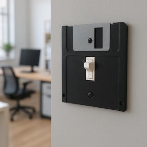 Könnte beinhalten: Eine schwarze Lichtschalterabdeckung, die einer 3,5-Zoll-Diskette nachempfunden ist. Der Schalter ist cremefarben und die Abdeckung hat ein silberfarbenes Oberteil. Der Schalter ist an einer hellgrauen Wand montiert, mit einem Büroraum im Hintergrund.