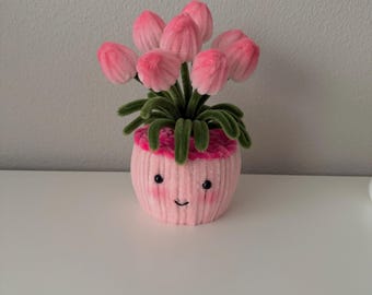 Pink Pipe Cleaner Flower Tulip Pot – Smiley Face Planter, Handmade Mini Flower Pot, Cute Desk Decor, Everlasting Gift, Pipecleaner Flower.