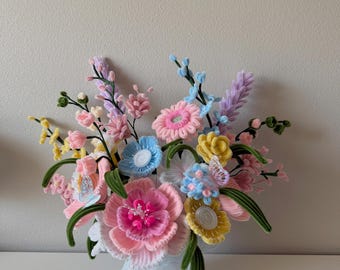 Handmade Pipe Cleaner Flower Arrangement | Fuzzy Flower Arrangement In The Box | Macaroon | Red | Pink Color Options