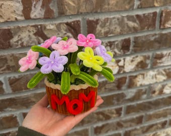 Custom Mom Mini Flower Pot | Handmade Pipe Cleaner Tulip Flowers | Fuzzy Flowers | Mother’s Day Gift | Custom Name Available