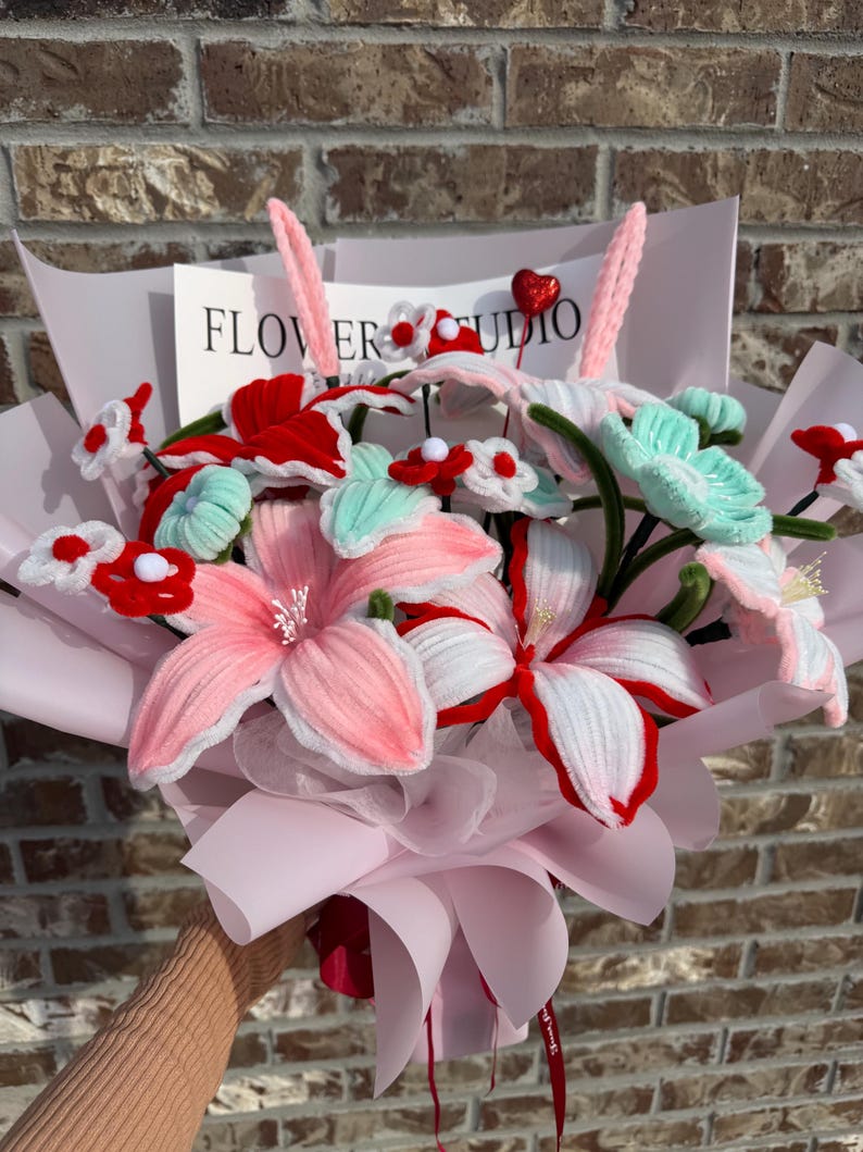 Handmade Pipe Cleaner Pastel Lily Bouquet- Medium size, Pipecleaner Flower . image 11