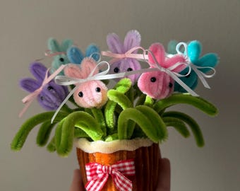Handmade Bunny Flower Pot | Pipe Cleaner Bunny | Easter Decor | Cute Bunny Gift | Pastel Bunny Arrangement | Spring Desk Decor