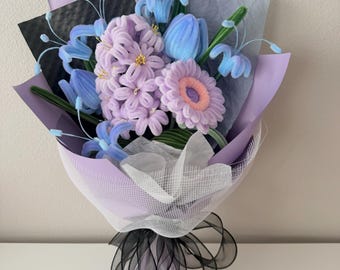 Midnight Bloom Bouquet | Dark Purple Blue Handmade Fuzzy Flower Bouquet | Handmade Pipecleaner Fuzzywire Flowers.