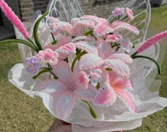 Handmade Pipe Cleaner Pink Lily Bouquet – Whimsical Butterfly Fairy Garden Arrangement, Pipecleaner Flower.