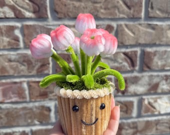 Handmade Smiley Tulip Pot- Pipe Cleaner Flower – Everlasting Pink Flowers, Kawaii Desk Decor, Pet Safe, Pipecleaner Flower.