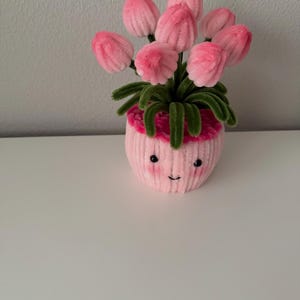 May include: A pink, plush flower pot with a smiling face, holding a bouquet of pink tulips with green stems and leaves. The pot has a ribbed texture and a pink trim around the top.
